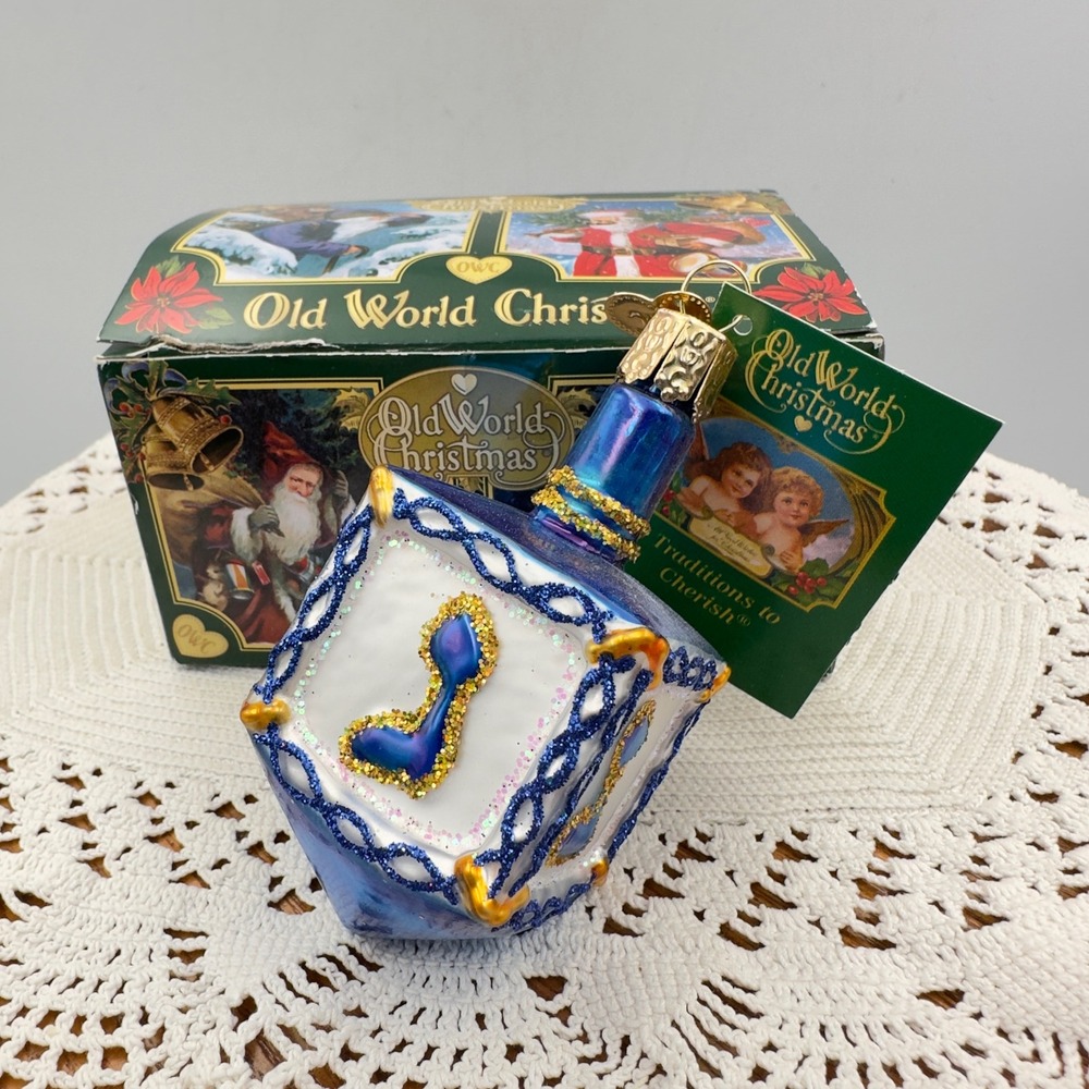 NIB‎ 2015 Old World Christmas Blue White Gold Dreidel Holiday Ornament Glass